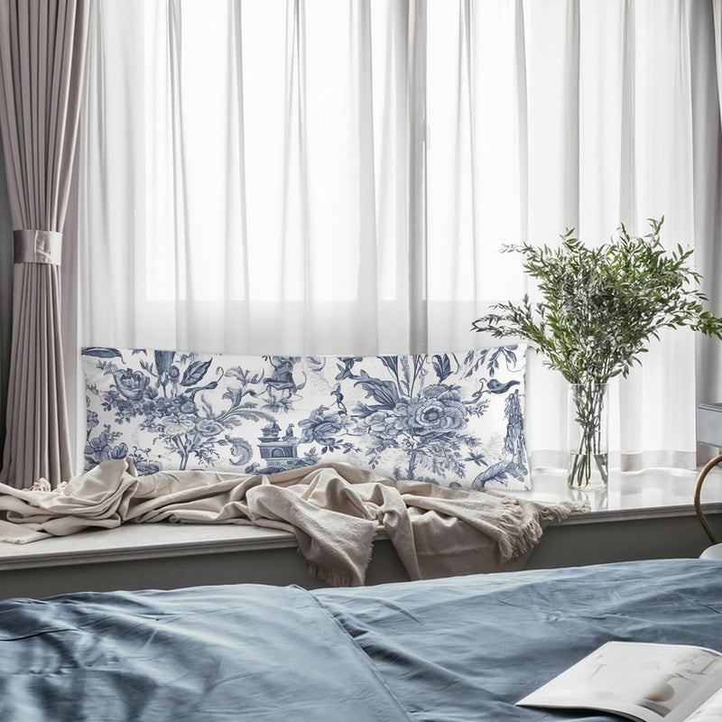 Exqcom Store Vintage Toile de Jouy Floral Body Pillow Covers 20x54, Blue and White Room Dorm Decor, Elegant Classical French Botanical Long Body Pillow Case Cover with Hidden Zipper for Women Men Adults - Image 5